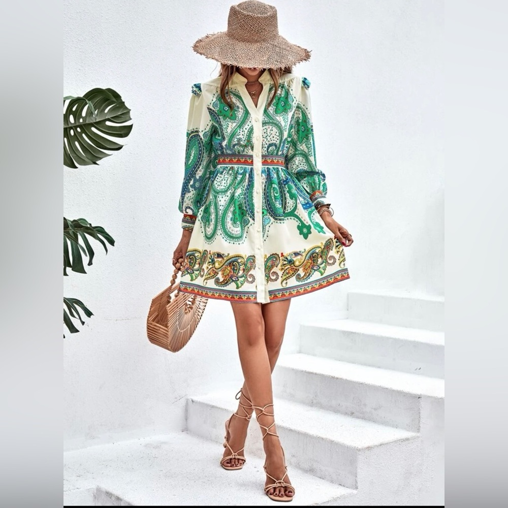 NWOT SHEIN blue/green Paisley Print Lantern Sleeve V neck Shirt Dress size Large